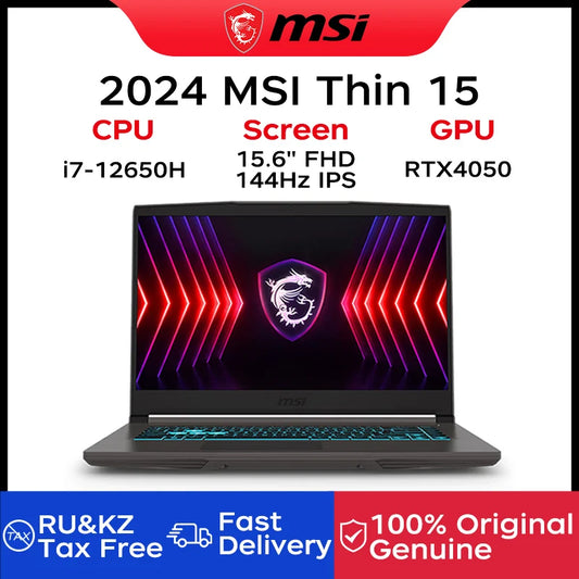 2024 MSI Thin 15 Gaming Notebook 15.6 Inch 2.5K FHD 144Hz IPS Screen Netbook i7-12650H 32GB 2TB SSD RTX4050 Laptop Computer PC