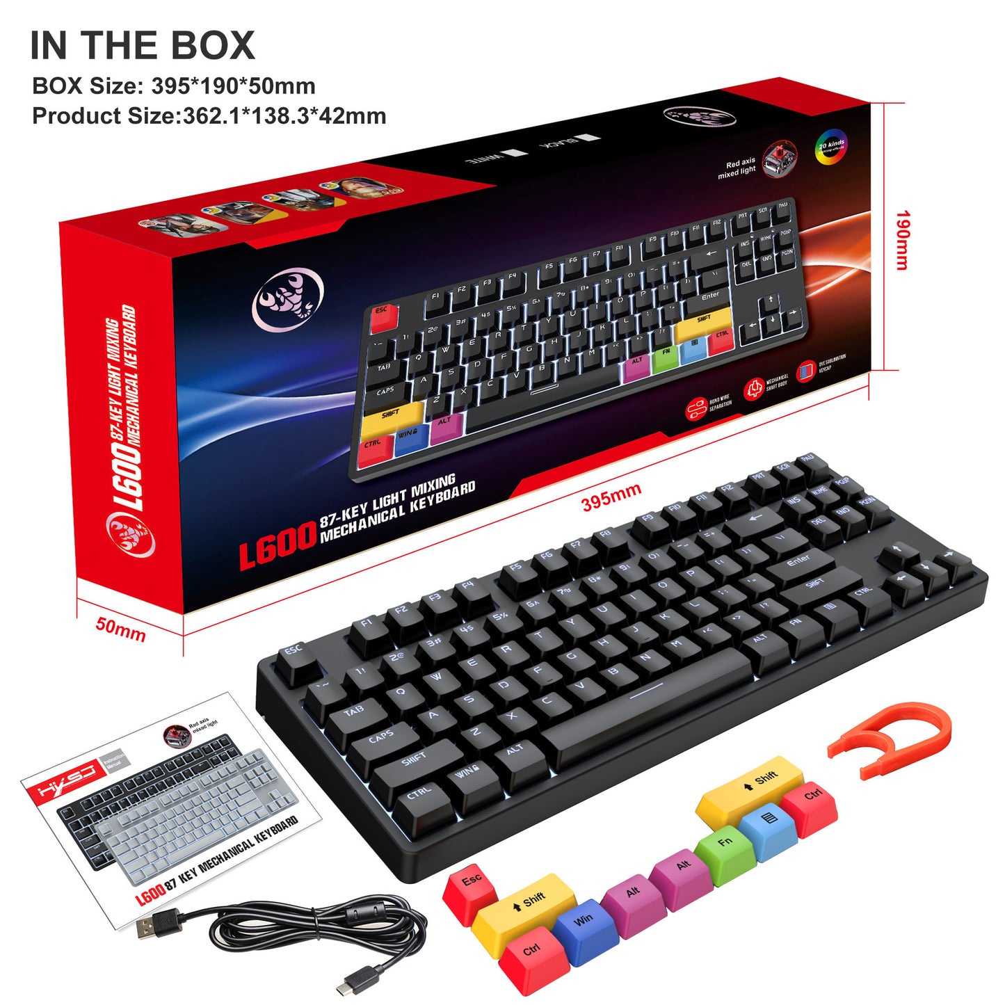 87 key wired mechanical gaming keyboard with red axis for esports and office use, with over 20 types of white light insertable shafts