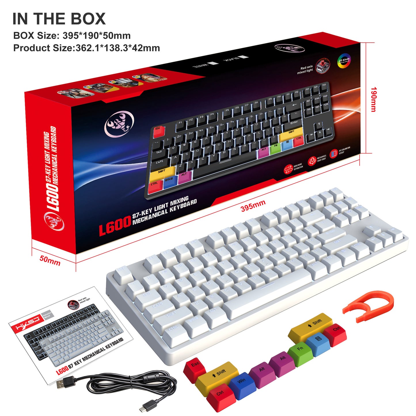 87 key wired mechanical gaming keyboard with red axis for esports and office use, with over 20 types of white light insertable shafts