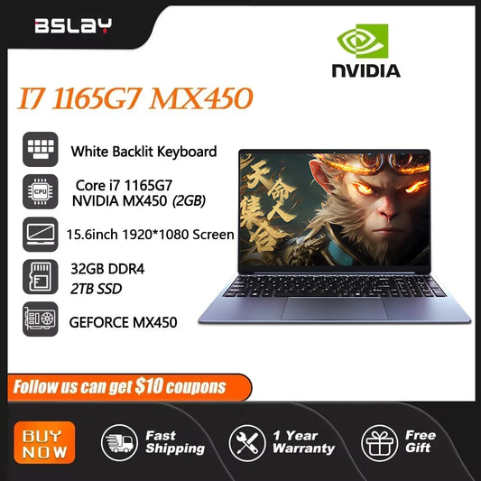 NVIDIA MX450 i7 1165g7 DDr4 32G RAM 2TB SSD Laptop 15.6 Inch Laptop Core Window11 Pro 1920*1080 Screen Portable Gaming Notebook